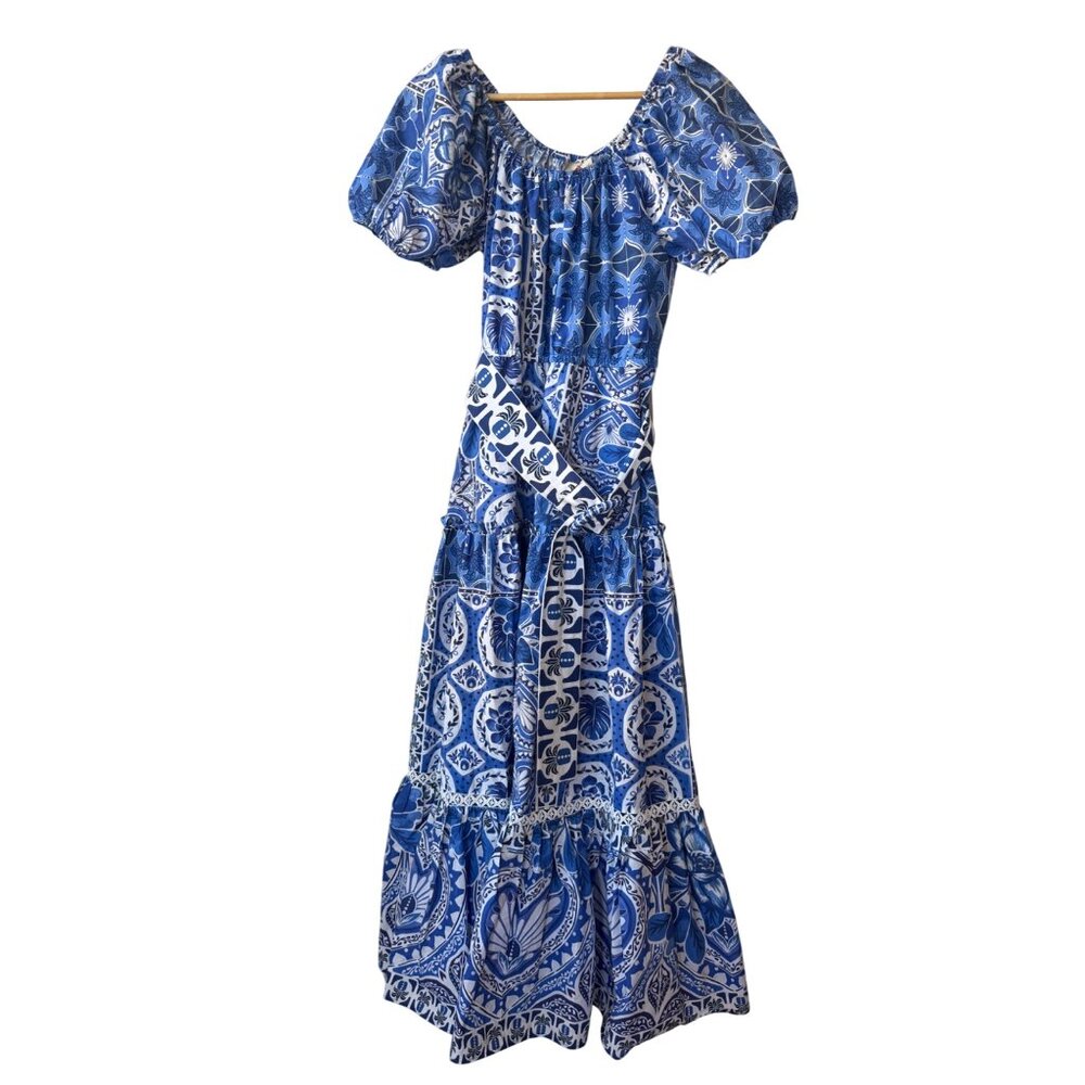 Farm Rio Maxi Blue And White Belted Dress Size L Anthropologie Blue Tile Dream - Picture 4 of 15